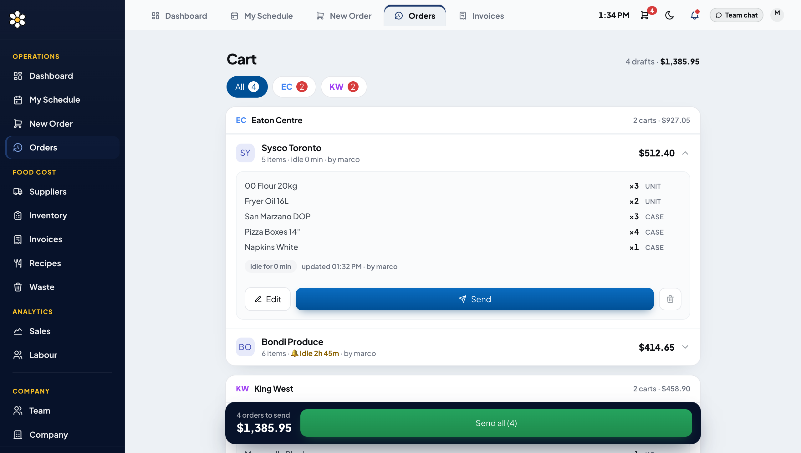 Desktop cart view: four draft orders across two locations, ready to send